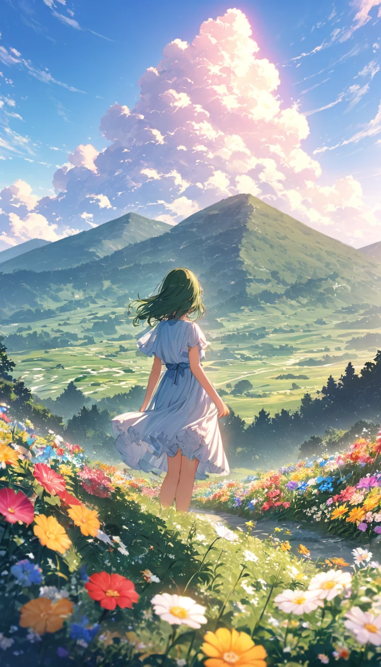 "Illustrate a serene, peaceful nature scene in summer with vivid, beautiful colors in photorealistic 8K quality. Show an 18-year-old anime girl standing on a lush mountain, reaching towards the endless blue sky, facing away from the screen. Below her, green meadows bloom with colorful flowers, while distant peaks bask in the summer sun, inspiring peace, awe, and tranquility. Ensure the image is a masterpiece with intricate details and stunning visual quality."