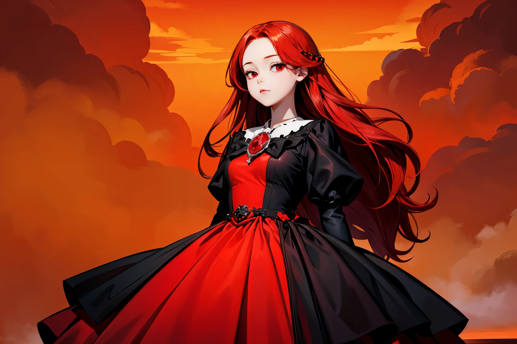 masterpiece, best quality, wallpaper, a girl, long scattered red hair, detailed red eyes, long blacl dress with pinredk details, red diamond brooch, orange sky background,   