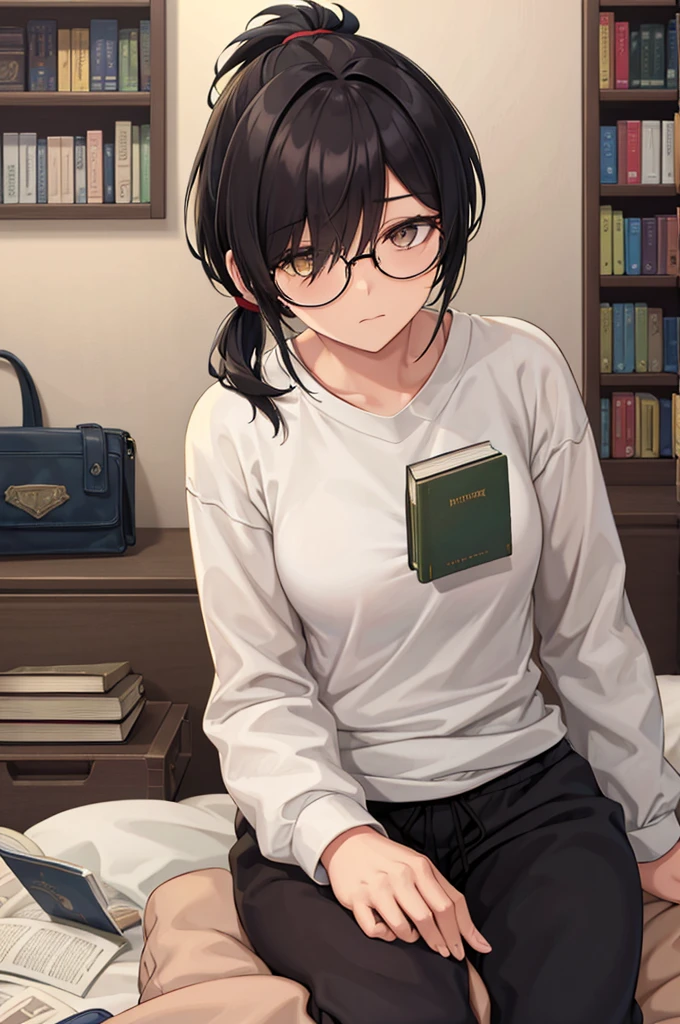 mature woman, hair over one eye, golden eyes, Tomboy, sitting on the ground, white shirt, black sweatpants, looking at viewer, bed, black short hair with a ponytail, books lying around, bedroom background, round glasses, bags under eyes, tired, reading a book