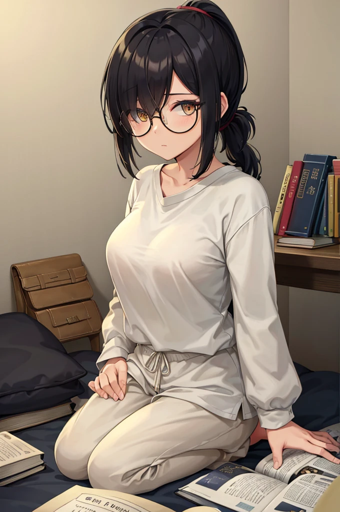 mature woman, hair over one eye, golden eyes, Tomboy, sitting on the ground, white shirt, black sweatpants, looking at viewer, bed, black short hair with a ponytail, books lying around, bedroom background, round glasses, bags under eyes, tired, reading a book