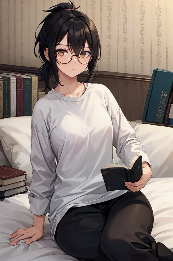 mature woman, hair over one eye, golden eyes, Tomboy, sitting on the ground, white shirt, black sweatpants, looking at viewer, bed, black short hair with a ponytail, books lying around, bedroom background, round glasses, bags under eyes, tired, reading a book