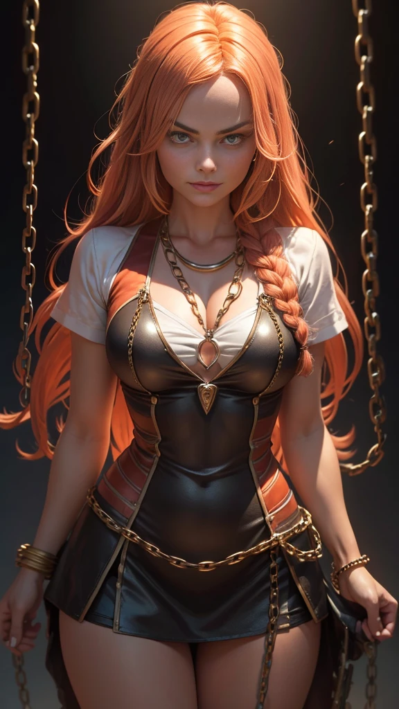 makima with the face of Margot Robbie (chainsaw man), best quality, ultra detailed, 1girl, solo, standing, red hair, long braided hair, golden eyes, bangs, , white shirt, tie, look, smile, (bad: 1.2), looking at the viewer, (interview: 1.3), (dark background, chains: 1.3), from above, sharp contrast, beautiful detailed eyes, focus, close up shot