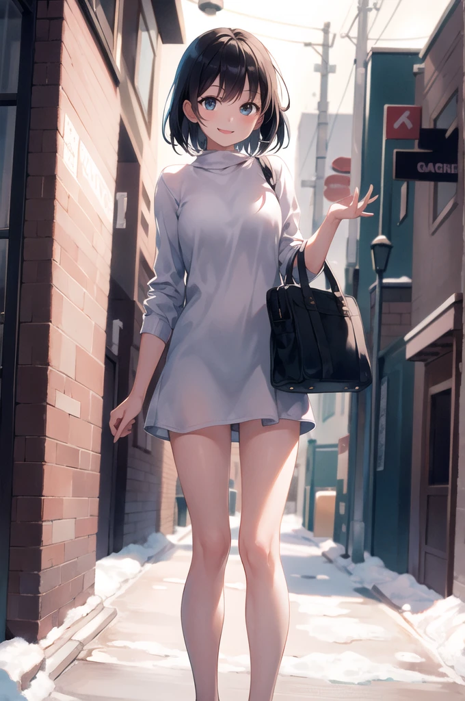 (morning), 1girl, solo, looking at viewer, winter, cowboy shot, (downtown), cowboy shot, smile, black hair