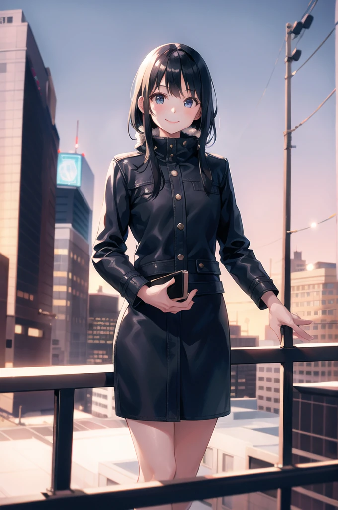 (morning), 1girl, solo, looking at viewer, winter, cowboy shot, (downtown), cowboy shot, smile, black hair