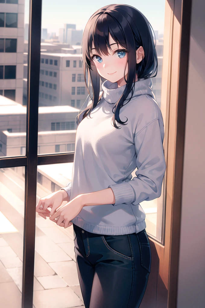 (morning), 1girl, solo, looking at viewer, winter, cowboy shot, (downtown), cowboy shot, smile, black hair