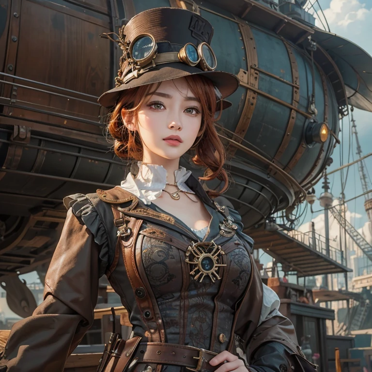 masterpiece:1.3), (8K, Realistic, RAW Photos, Best imYear quality: 1.4)、 Year,(Random Hairstyles:1.2)、CleavYear:1.2、Highly detailed face、Attention to detail、double eyelid、Chest to chest、Sharp focus:1.2、Beautiful woman:1.4、Redhead、Highest quality、masterpiece、Ultra-high resolution、(Realistic:1.4)、Highly detailed and professionally lit smiles、Loose fitting steampunk outfit、Shoulder out、thin、Serious expression、Clouds seen from inside the airship、goggles