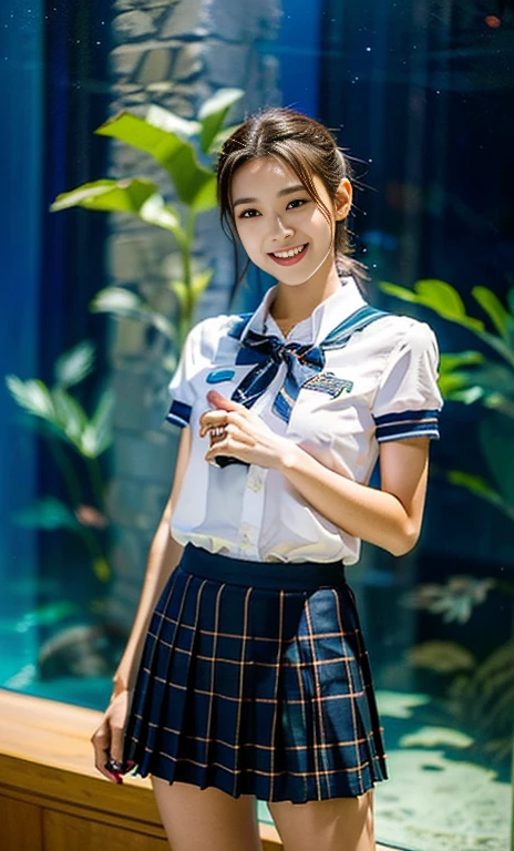 (2 youthful eurasian lady, early 20s, at an Aquarium, (((full bodyesbian))), ((Girls' High School Uniforms)), short_bob_hair_ponytail, Dimples, Friendly & Kind smile, snaggle-tooth, realistic skin textures, healthy body proportion, hyper-realism, photorealistic, beautiful detailed eyes, high contrast, ultra HD, top image quality, fine details, very meticulously, masterpiece, the_cowboy_shot, bokeh background, Serene Ambiance)