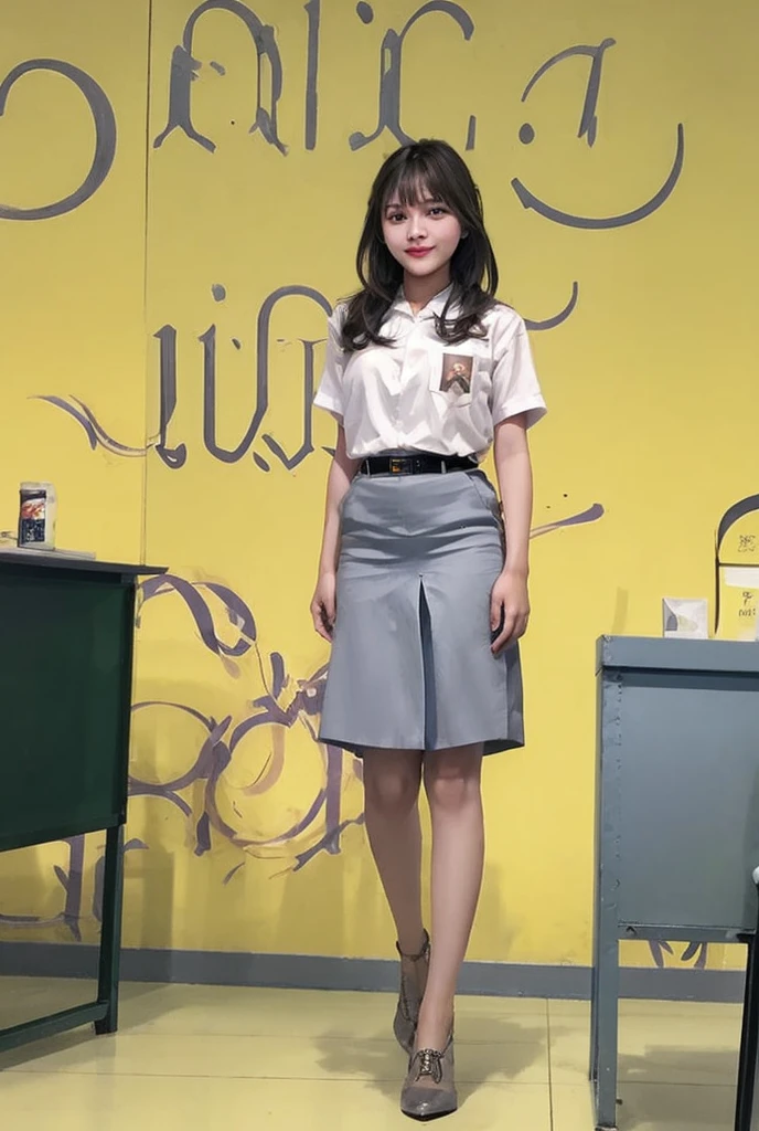 (masterpiece, best quality), 1girl 30 year old, 1girl, cewe-sma, fat body,white shirt, gray skirt , belt, class room