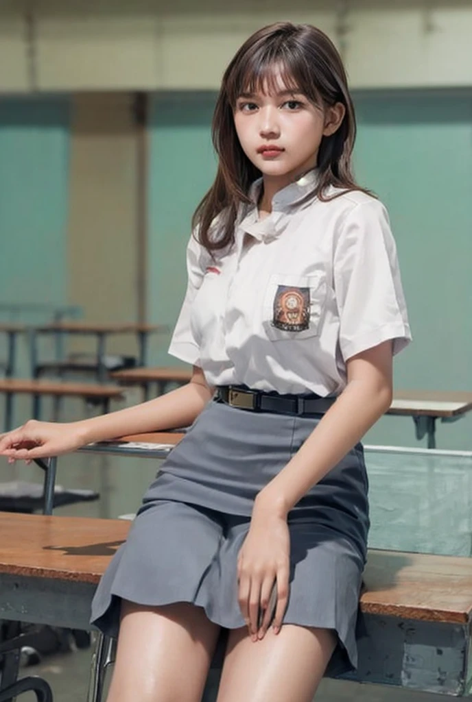 (masterpiece, best quality), 1girl 30 year old,   1girl, cewe-sma, fat body,white shirt, gray skirt , belt, class room