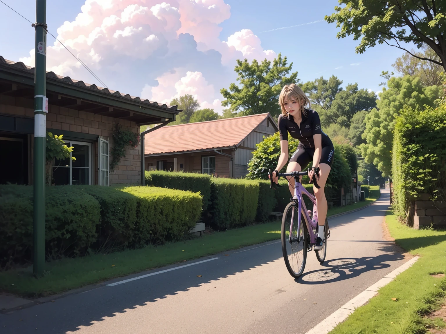 8K raw photos,hight resolution,(violet_evergarden:1.29),(pink theme:1.3),(full_body:1.3),best quality, professional bicycle race Scene, a female cyclist riding a bicycle through the french countryside, detailed lush green rolling hills, picturesque french village in the background, sunlight streaming through clouds, detailed texture on the bicycle and cyclist's uniform, vibrant colors, realistic lighting, photorealistic, 8k, best quality, high resolution