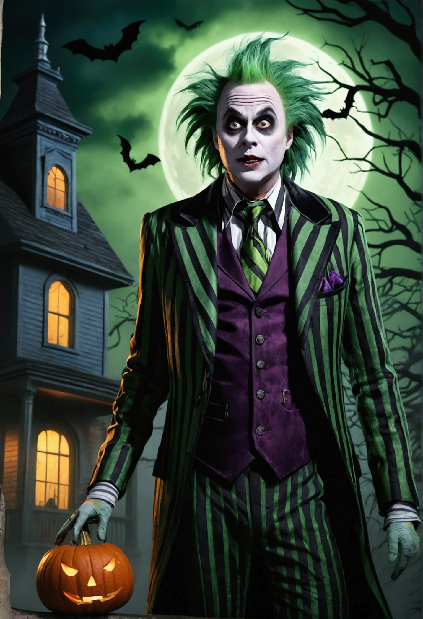 A supernatural halloween-themed scene, Beetlejuice, a ghostly character with messy green hair, a striped suit, and a mischievous grin, a haunted and spooky house with a twisted, gothic architecture, eerie fog, glowing jack-o-lanterns, bats flying in the night sky, twisted tree branches, a full moon shining above, dark and moody color palette, dramatic lighting and shadows, (best quality,4k,8k,highres,masterpiece:1.2),ultra-detailed,(realistic,photorealistic,photo-realistic:1.37),dark fantasy,horror,surreal,halloween