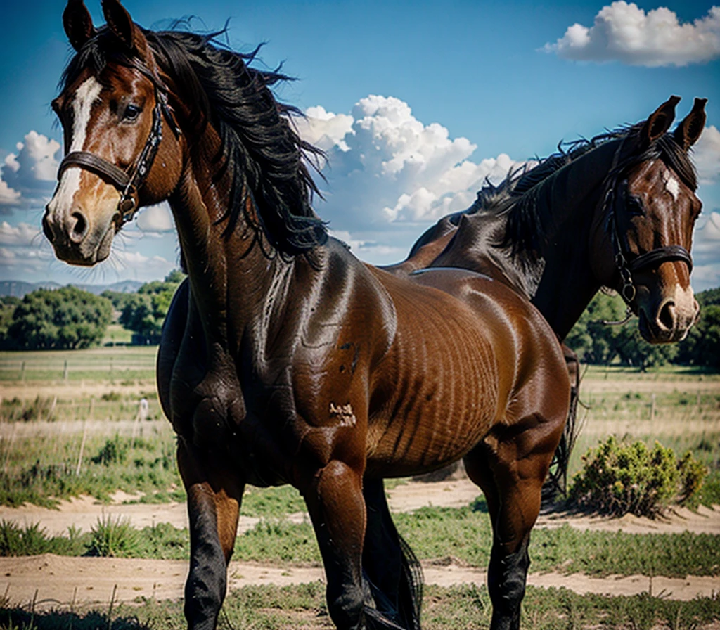 a very full figured very black skinned nude African woman riding a big Belgian draft horse mare (side view). big bum. very short tail. horse facing horizon . flat grass meadow. steaming horse dung behind horse. cloudless blue sky.