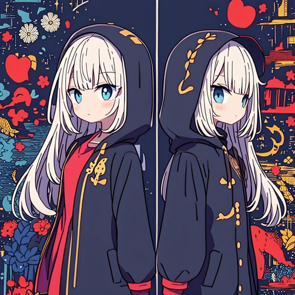 Stylized anime illustration BREAK Profile focused on character in background BREAK Short-haired white character wearing a large hooded jacket, BREAK looks to the side with a calm expression。The complex background of machine gears and cogs、Expressed in a variety of soft colors。, Create complex yet harmonious mosaics