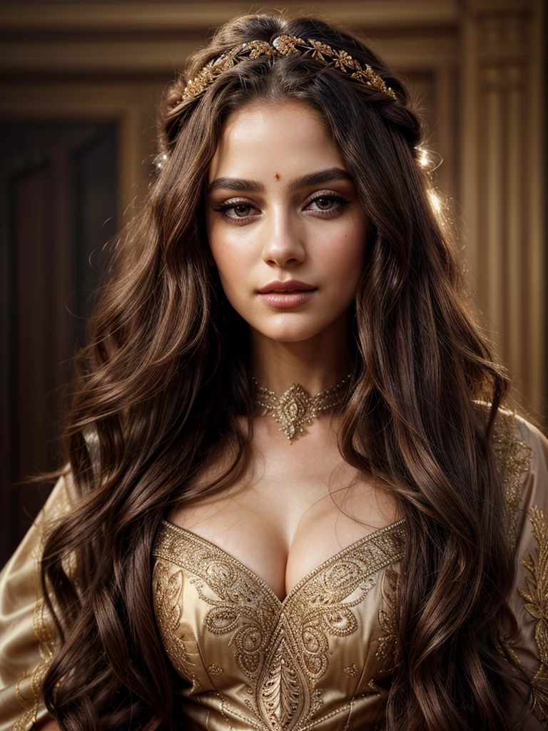 beautiful detailed woman, 1girl, elegant,long curly hair,beautiful detailed eyes,beautiful detailed lips,extremely detailed face and portrait,longeyelashes,ornate headdress, intricate jewelry, luxurious silk dress, soft lighting, warm color tones, cinematic composition, delicate brushstrokes, oil painting, masterpiece, photorealistic, 8k, highres, best quality