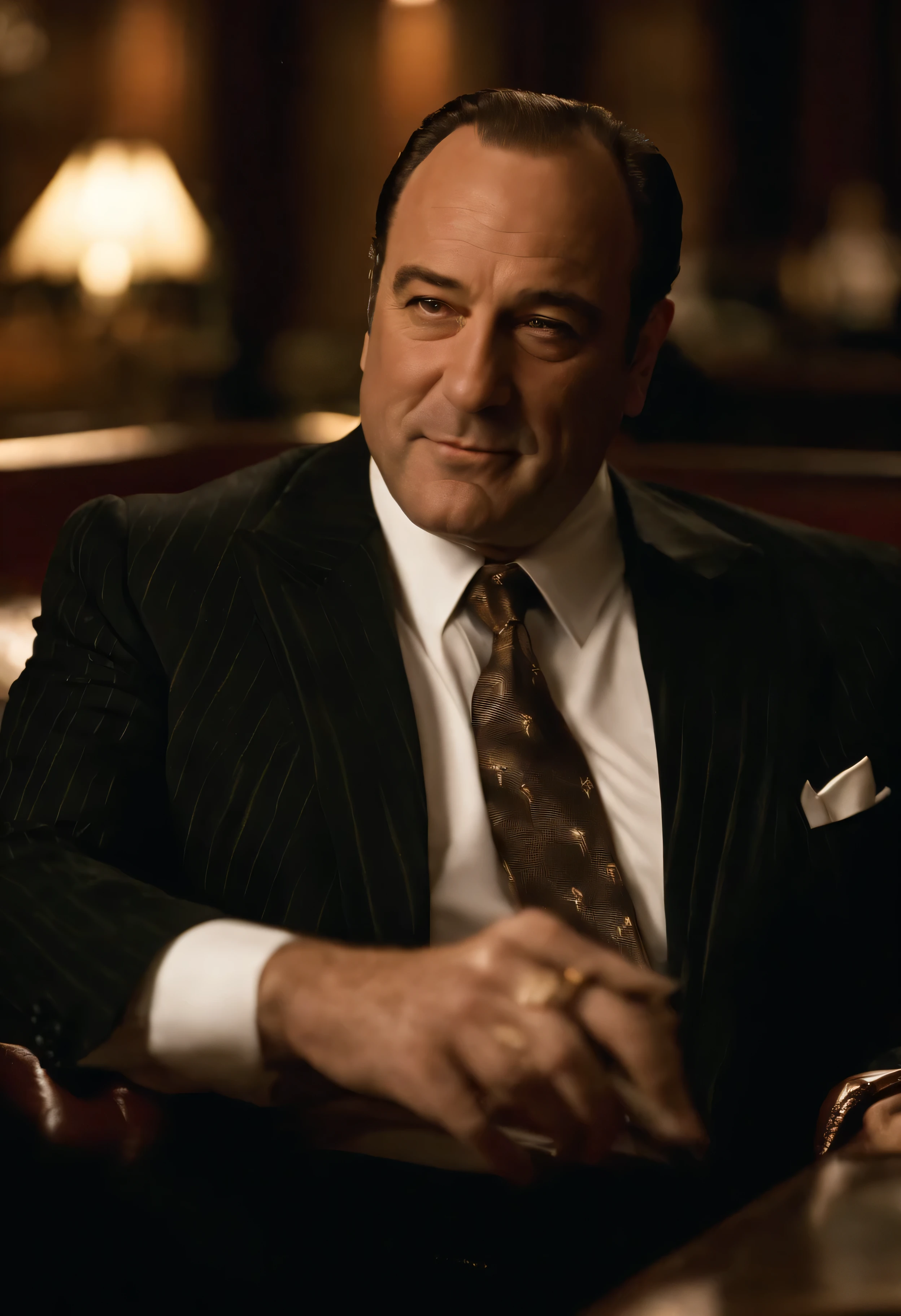 A photo of Tony enjoying a cigar in a dimly lit speakeasy,Tony Soprano, the fictional mob boss in “The Sopranos,” is a physically imposing figure, with a broad, stocky build, and a face that often shifts between a charming smile and a menacing glare. His attire, usually consisting of sharply tailored suits or casual polo shirts, family man, slight smile, black  dress pants, mature, 