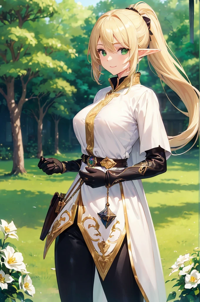 (((masterpiece; best quality: 1.2))), (finely detailed eyes: 1.3), (25 year old elf woman), (solo), (green eyes: 1.4), (body; buxom, fit, femenine: 1.3), (silky blonde hair in low ponytail: 1.3), (beautiful and clear background: 1.2), ((depth of field)), (equipment: adventurer attire + modest + long white tunic-coat + black cape + black pants + gloves + belt + pouches: 1.3), (anime illustration: 1.2), (background composition; royal garden: 1.1), (extremely fine and beautiful: 1.1), (shot composition; standing + centered on torso + close-up: 1.5), (expression; calm, smile: 1.2)