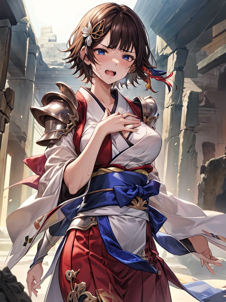 (((serious)))、One Face、 (((A very cute face like a top Japanese idol)))、glowing eye、(((face focus)))、(((Holding a red Japanese sword)))、One  girl, (((Short Hair ))), Composition from the front、(((Brown Hair)))、(((looking at the camera)))、(((hair ornaments)))、(((blunt bangs)))、(((Red and silver armor)))、((Highest quality)), ((masterpiece)),(detailed),High resolution,Sharp focus,Perfect Face,{Best illustrations}, (非常にdetailed CG unity 8k wallpaper),(((Vibrant colors))),Official Art, shiny 肌,very shiny 肌,Shiny body,plastic glitter 肌,exaggerated shiny 肌,Glowing Skin, ((detailedなボディ)),((detailedな顔))、A long red skirt、(((ancient ruins)))、Perfect Anatomy、((Open your mouth))、(((Sweating profusely)))、Hold your chest with your hands