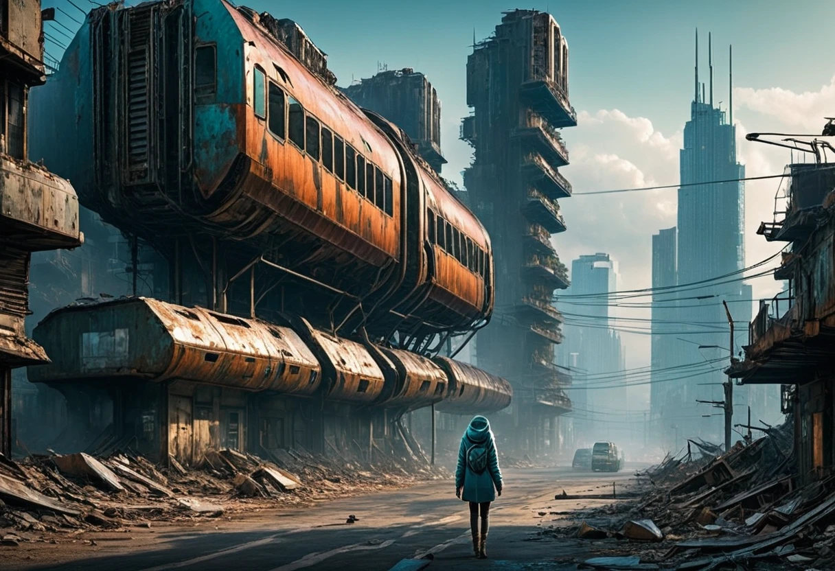image taken of a girl wearing a hoodie and short, torn dirty clothes, She is wandering among the buildings of an abandoned, ultra-futuristic North American megalopolis city, nuclear apocalypse environment, the dystopian city, has many tall, dystopian metal buildings and dark-colored houses in ruins on the horizon, paved and dirty street with debris fallen from buildings, environment from dark blue to black, the city has shades of metal gray, has smoky metal structures, there is a viaduct bridge on wide pillars, ultrafuturistic industrial environment with smoke and fog around, dark rusty dirty cars on the streets, desert megalopolis, has abandoned metal rusty modern train and rails among the city streets, futuristic tall buildings with broken glass and rounded rusty and dilapidated metal, tall poles fallen to the ground in the street, many ultramodern buildings around, as realistic as possible, as detailed as possible, Science fiction, there are 2 planets in the sky through the dense atmosphere