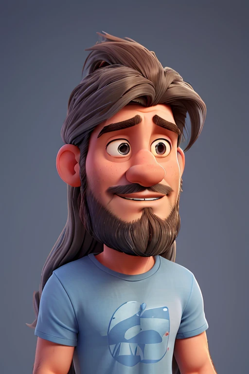 man with long hair, large nose, unshaven beard, and a blue and gray t-shirt