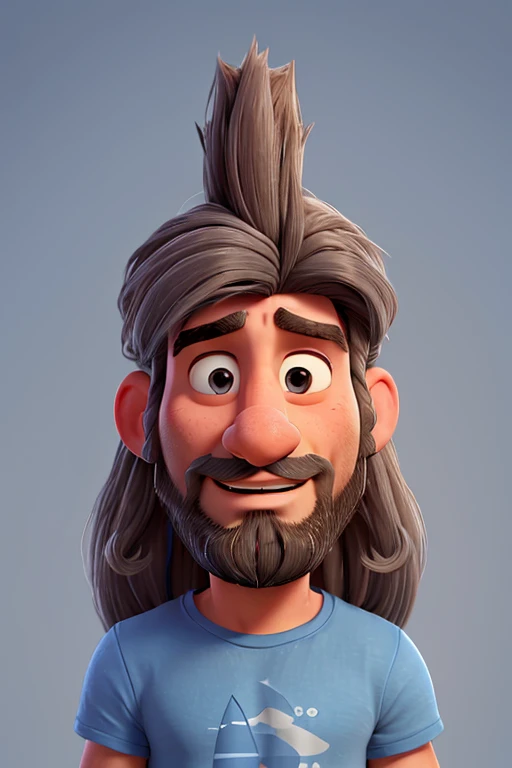 man with long hair, large nose, unshaven beard, and a blue and gray t-shirt