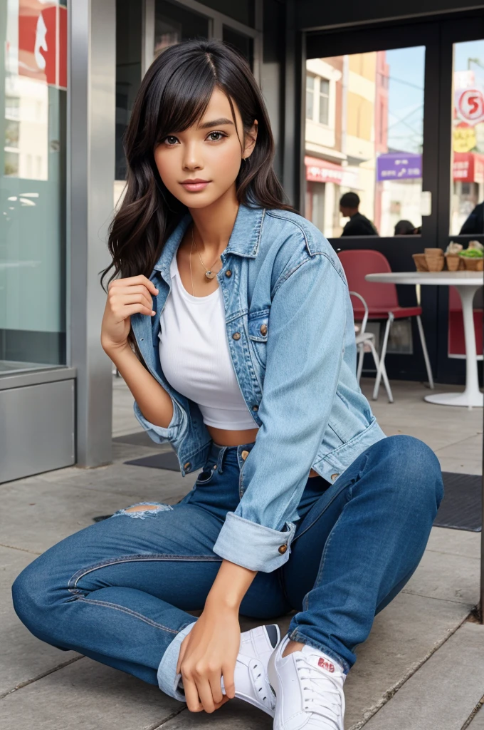 3D illustration of a Girl sitting casually on front of a cake. The character must wear casual model clothing such as jeans jackets and sneakers shoes. The background of the image is a party theme. Write 'Name' on the birthday cake. Make sure the text is not misspelled. Her age is 'Age'