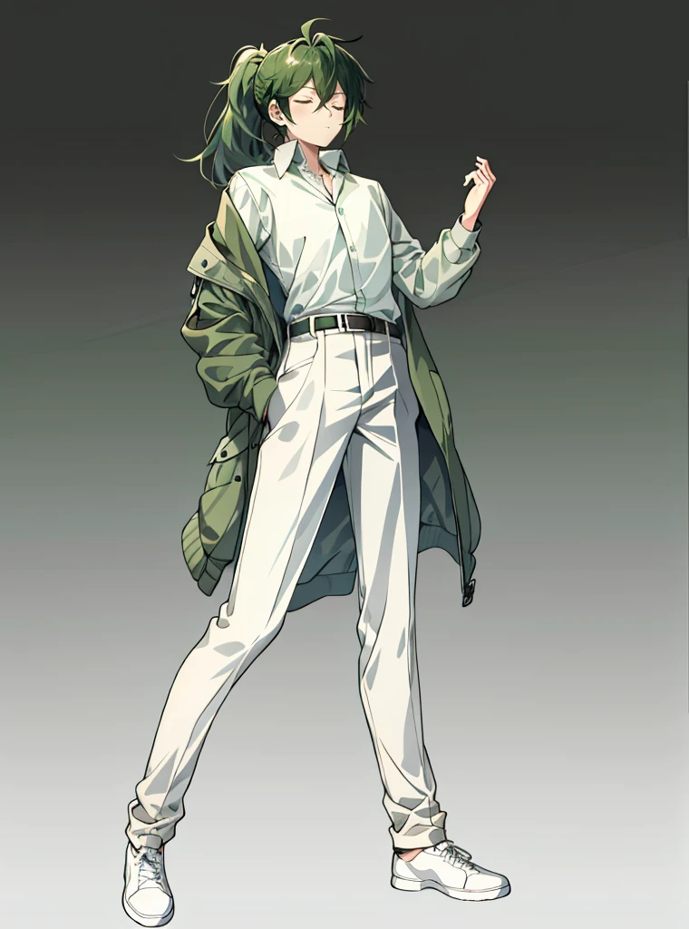 1 boy, 27 years old, full body, hair between eyes, dark green hair, low short ponytail, collared shirt, slacks, safari jacket, closed eyes, front view,
