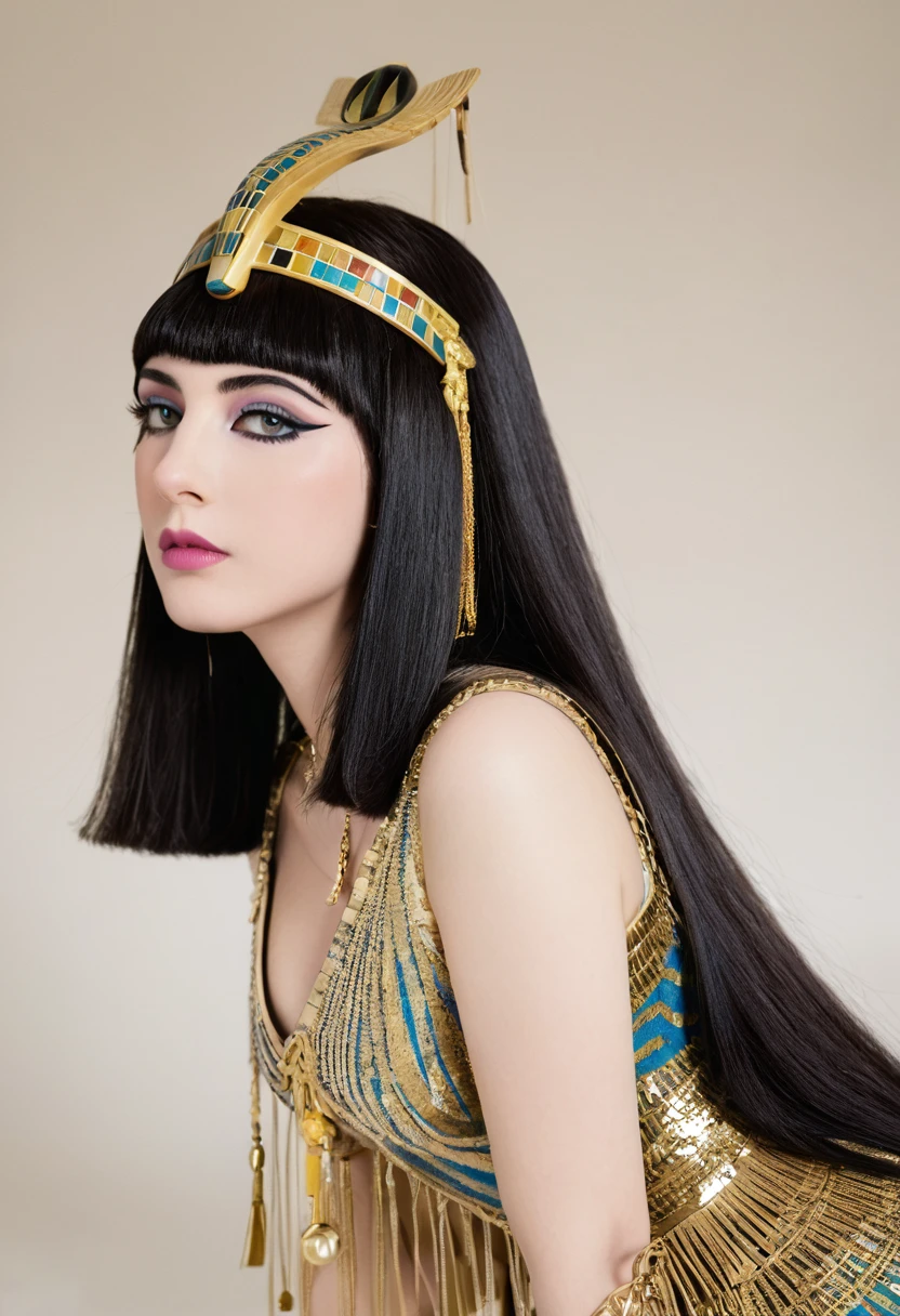 Cleopatra&#39;s natural skin photos, Short Thick Black Hair, Blue eyeshadow creates sharp eyes, Thin and upturned nose, Lip Plumpness, Hourglass figure, Typical clothes, and cosmetics, Intricate details, Energetic, epic, Smooth, Movie, 4K, Backlight, Dream desert background, and shallow depth of field.