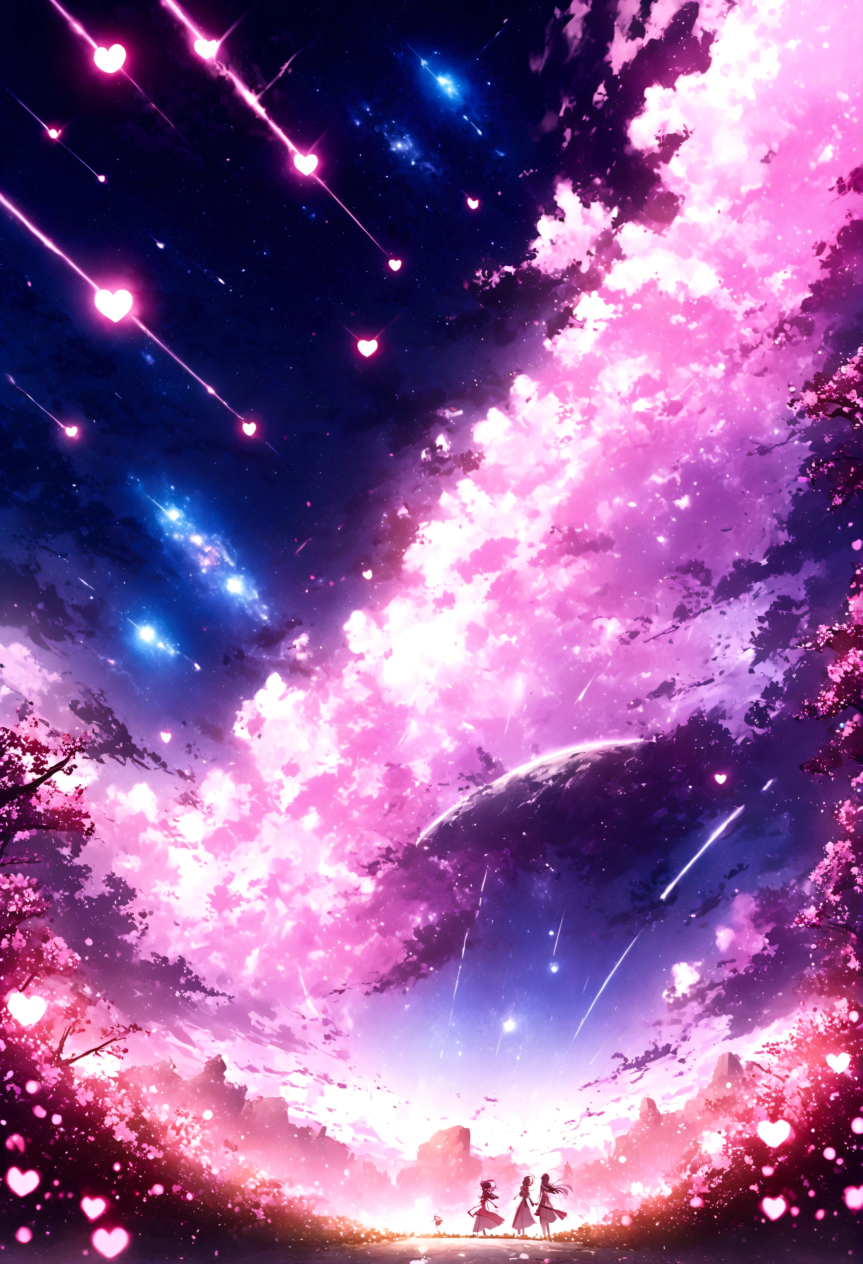 masterpiece, Concept Art, Panorama, in the center, shape, Wide Shot, garden, night, (meteor), Space galaxy background, (Great composition, Epic scale), Dynamic Lighting, Bright colors, cherry blossoms,1 Girl,Glowing light particles、heart、heart、love affair