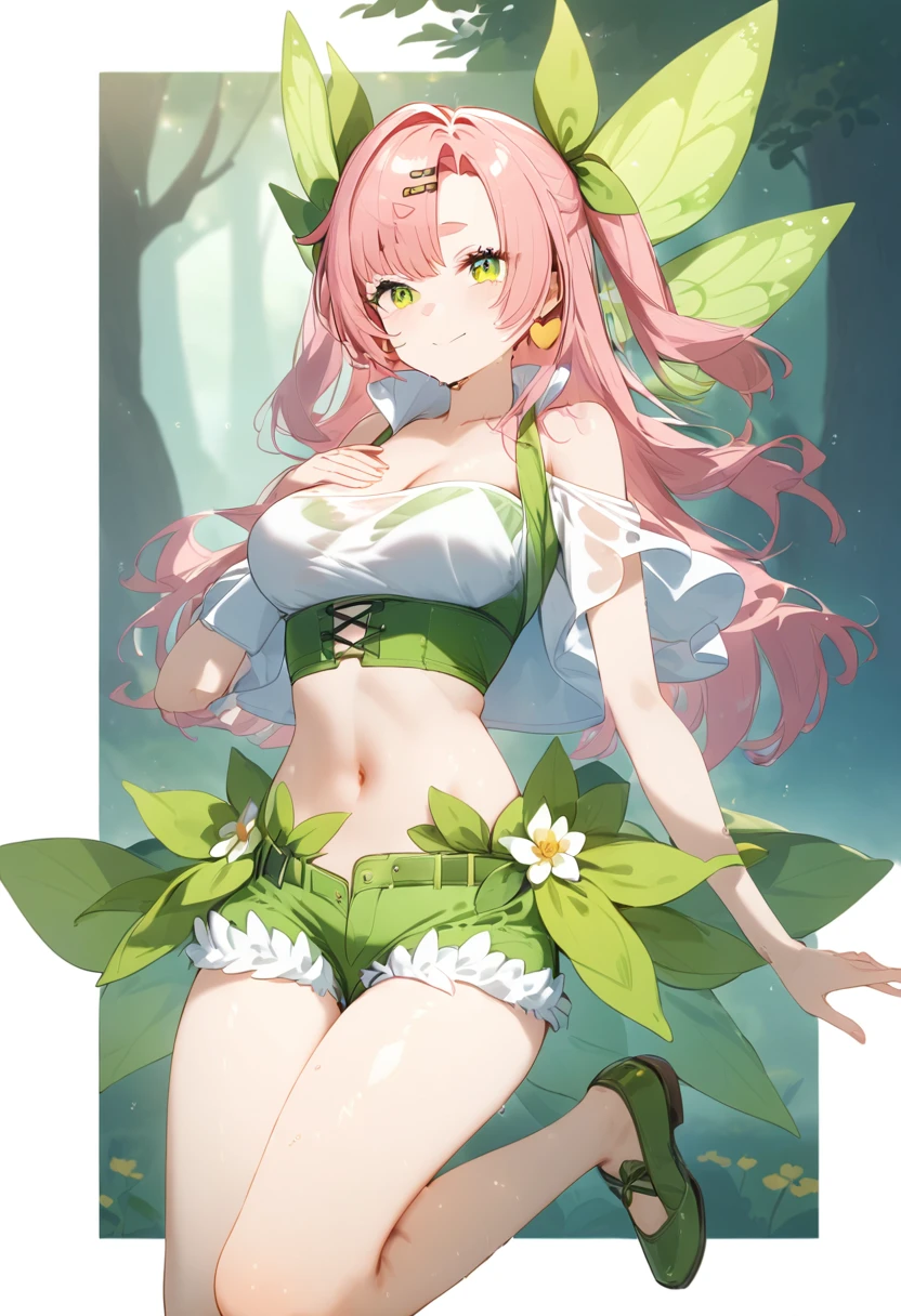 An anime girl，Pink long hair，Green eyes，chest，thigh，Flower Fairy Costume，forest