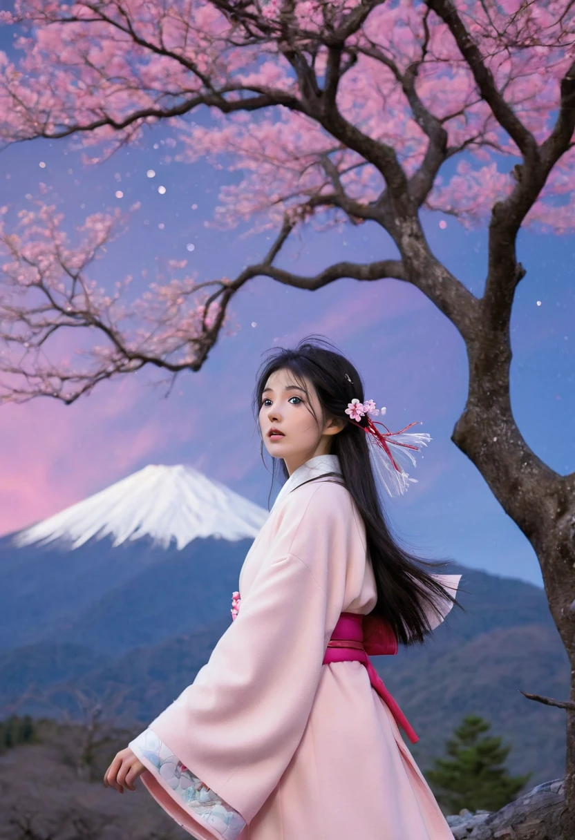 (best quality, masterpiece),(1 Girl, Shrine maiden, coat, Expression face, black eyes, Looking ahead ,Black Hair, walk, Upper Body), (Night sky, There is a huge old tree behind, Shiny pink petals are falling behind, Behind the Shrine, Mountain Background, Blowing, Meteor Cloud)