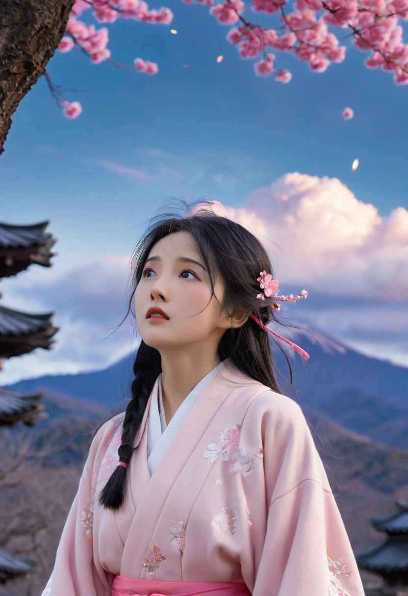 (best quality, masterpiece),(1 Girl, Shrine maiden, coat, Expression face, black eyes, Looking ahead ,Black Hair, walk, Upper Body), (Night sky, There is a huge old tree behind, Shiny pink petals are falling behind, Behind the Shrine, Mountain Background, Blowing, Meteor Cloud)