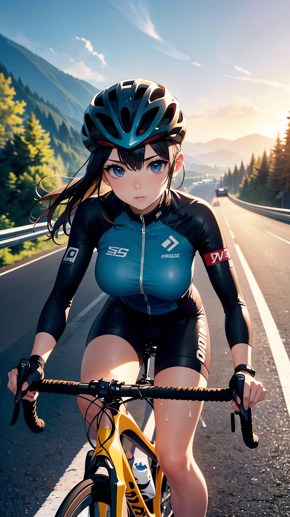 (masterpiece:1.2),(Highest quality),(Super detailed),(High resolution),(Highest quality),(An illustration),8K,Cinema Lighting,(Written boundary depth),(Sophisticated lighting:1.2),woman riding a bicycle,(Racing Suits),(Racing Gloves),(Big Breasts),(Thick thighs),(dynamic:1.3),(Speedy depiction),(From above),(A detailed depiction of a bicycle),(Sweat),Sunset,(Hand,detailed,perfect,perfection,Hands),(riding a road bike,downhill,steep slope,cycling shorts,wind,speed lines)