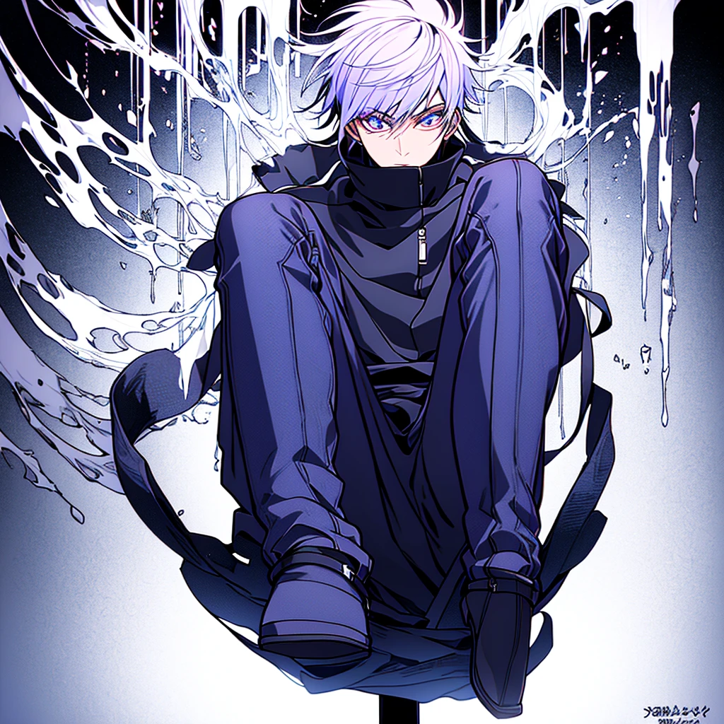 ((anime style)), ((high definition, masterpiece, best quality, lighting)), masterpiece, best quality:1.2), solo, masterpiece, best quality, model, ultra-detalied, 8k, masterpiece, ((ultra-detailed background, complex details)), (high detail, fine details), best quality, masterpiece, 1male, solo, young boy build, high height, male focus, full body focus, violet hair, glowing violet eyes, looks at the viewer, villainous look, Full black Turtleneck with wide Collar, Full black wide Pants, black shoes.