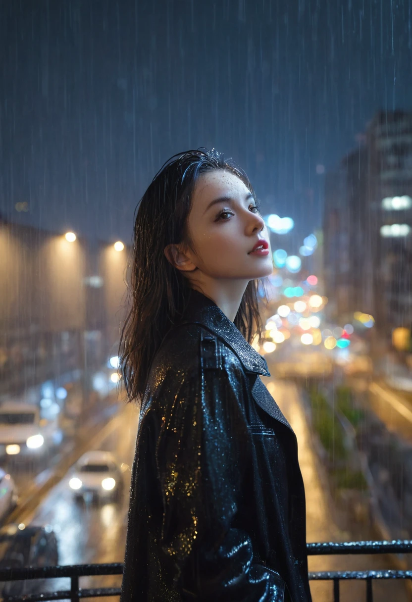 Mix 4,(8K, RAW photos, best quality, master:1.2), (Practical, photo-Practical:1.37),1 Girl,Lovely,city View,night,rain,wet,Professional lighting,Photon Mapping,Radiosity,Physically Based Rendering ,