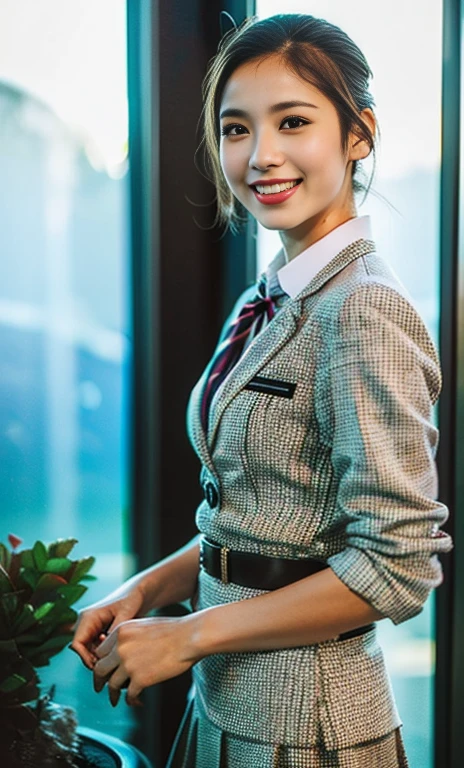 (1 youthful eurasian lady, early 20s, at an Aquarium, (((full bodyesbian))), ((Girls' High School Uniforms)), short_bob_hair_ponytail, Dimples, Friendly & Kind smile, snaggle-tooth, realistic skin textures, healthy body proportion, hyper-realism, photorealistic, beautiful detailed eyes, high contrast, ultra HD, top image quality, fine details, very meticulously, masterpiece, the_cowboy_shot, bokeh background, Serene Ambiance)
