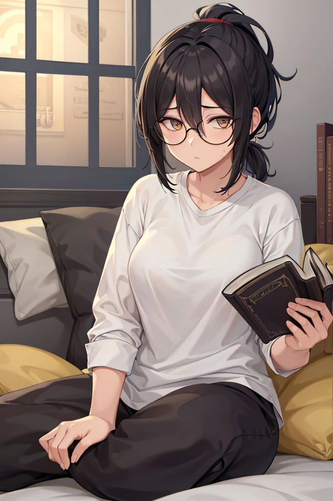 mature woman, hair over one eye, golden eyes, Tomboy, sitting on the ground, white shirt, black sweatpants, looking at viewer, bed, black short hair with a ponytail, books lying around, bedroom background, round glasses, bags under eyes, tired, reading a book