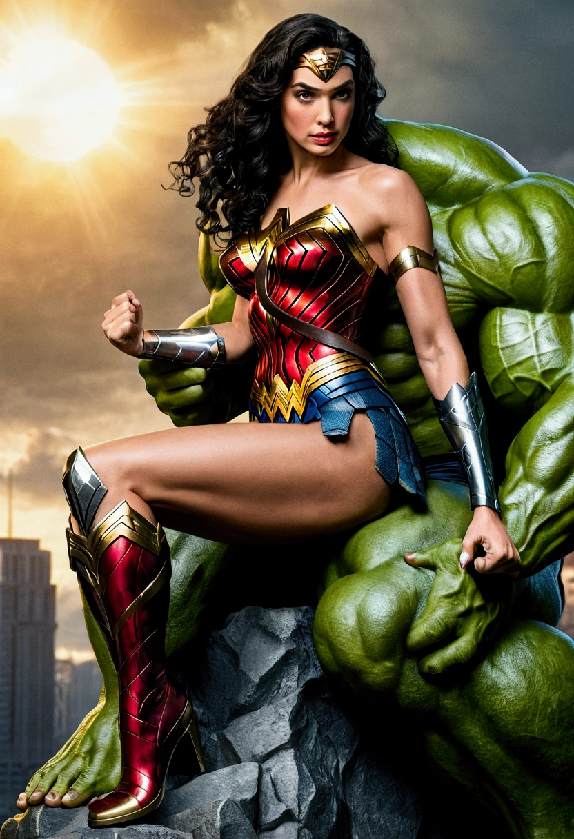 Wonder Woman sitting on Hulk&#39;s legs, seductive look 