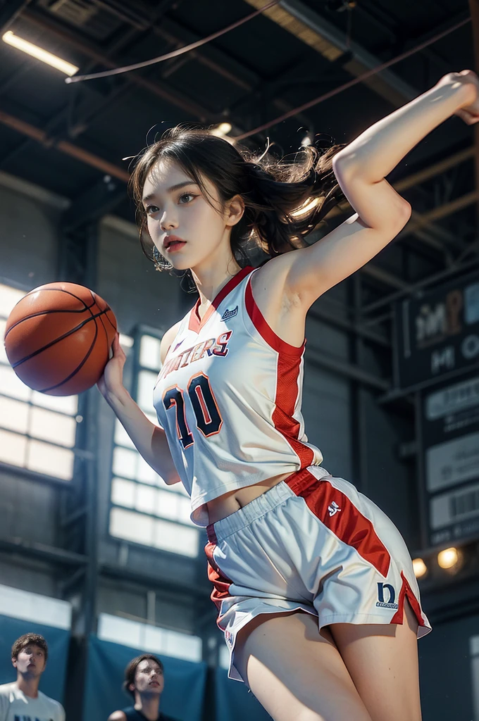 (((best quality))), (((ultra detailed))), (((masterpiece))), illustration, ((1girl,female basketball player,solo)),(slam dunk:1.3),(dunking in the air:1.3), intensity, determined expression, flushed face, perspiration, almond-shaped eyes, mesh jersey, team name and number, form-fitting shorts, athletic build, high-top basketball shoes, indoor basketball gym, well-lit, wooden floor, scoreboard, spectators, stands, action, impact, ball through the hoop, victory, achievement, dedication, skill,(basketball:1.3)