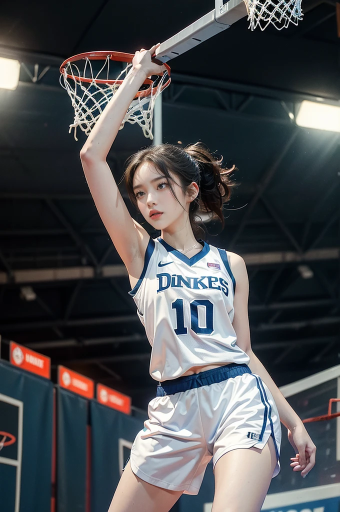 (((best quality))), (((ultra detailed))), (((masterpiece))), illustration, ((1girl,female basketball player,solo)),(slam dunk:1.3),(dunking in the air:1.3), intensity, determined expression, flushed face, perspiration, almond-shaped eyes, mesh jersey, team name and number, form-fitting shorts, athletic build, high-top basketball shoes, indoor basketball gym, well-lit, wooden floor, scoreboard, spectators, stands, action, impact, ball through the hoop, victory, achievement, dedication, skill,(basketball:1.3)