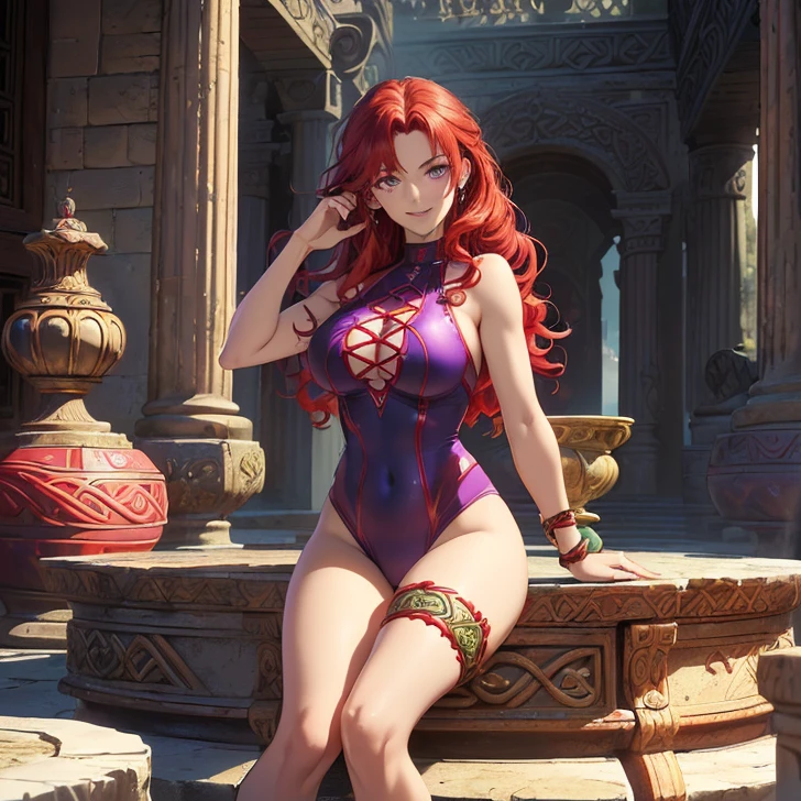 (absurdres, high fantasy artwork, best high quality image, carefuly detailed, very detailed features and textures, view solo character)
{{(1character: 60 years old scarlet-red haired barbarian woman milf, (long curly red hair, purple eyes, confident demeanor, brave smile) (green one-piece swimsuit), (irish park ancient greek forniture and celtic forniture)}}