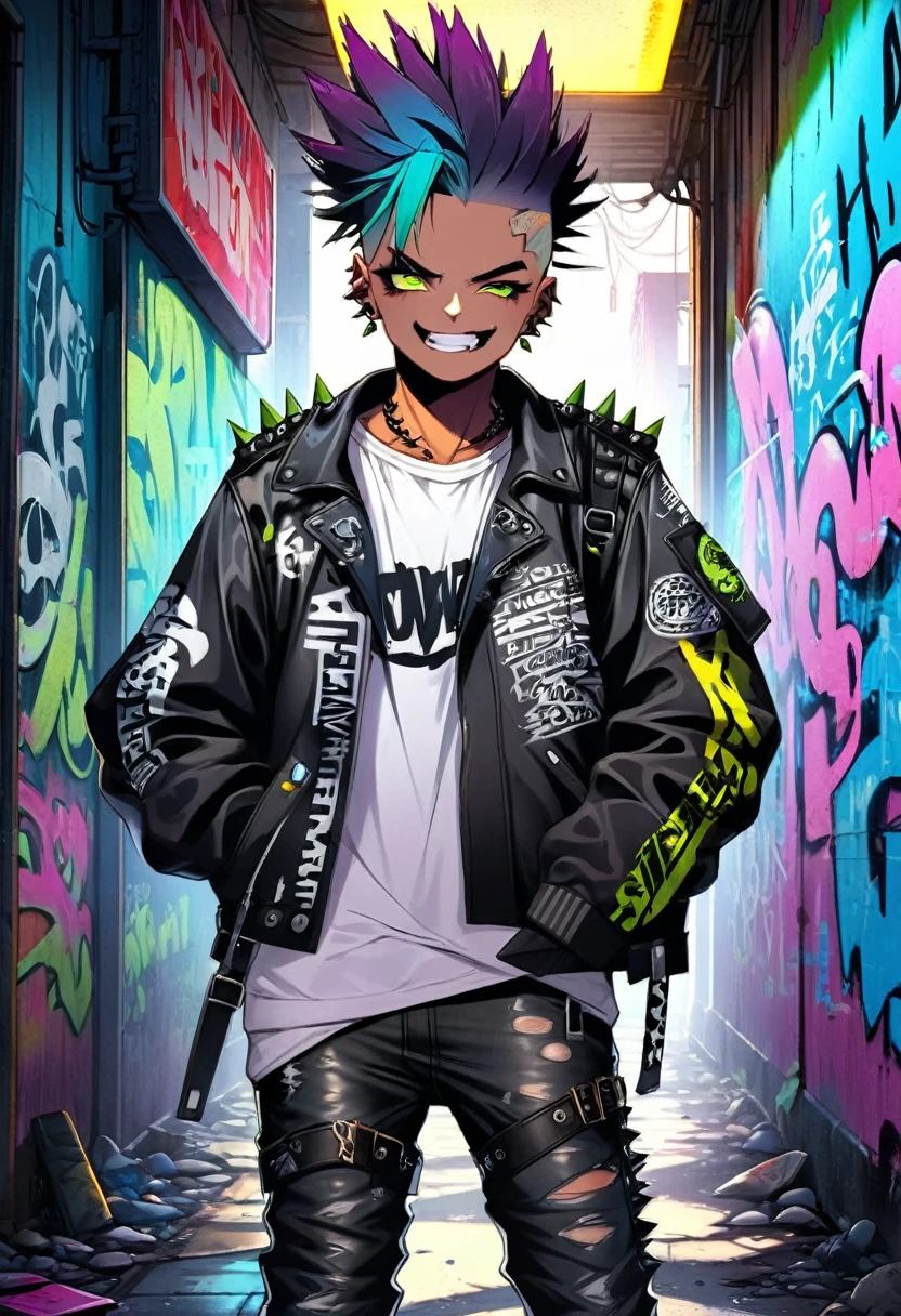 A man with a metal punk style is walking down the streets in a dystopian world. The scene is set in a world dominated by metallic elements and punk aesthetics. The man's appearance is characterized by a rebellious and edgy fashion style, with an outfit consisting of leather jackets, ripped jeans, heavy metal accessories, and military style boots with straps and spikes. His hair is spiked and dyed in vibrant neon colors, showcasing his fierce personality. His mouth has a devious, almost evil grin to it showing how rebellious he is.

The environment around him is heavily influenced by a post-apocalyptic setting, with dilapidated buildings and crumbling infrastructure. The streets are filled with graffiti and signs of rebellion, reflecting the punk subculture that permeates this world. Neon lights flicker in the dimly lit alleyways, casting an eerie glow and creating an atmosphere of tension and uncertainty.

The man's movements are confident and purposeful as he navigates through the abandoned streets. His eyes are piercing and filled with determination, while his lips are sealed with an expression of defiance. The attention to detail in depicting his eyes and facial features is paramount to capture the essence of his rebellious nature.

The overall image quality is of the highest standard, with a focus on ultra-detailed rendering and vivid colors. Each design element, from the textured leather of his jacket to the intricate patterns in the graffiti, is meticulously crafted to create a photorealistic masterpiece. The lighting technique enhances the dramatic atmosphere, with shadows and neon reflections adding depth to the scene.

In terms of art style, the prompt emphasizes the fusion of punk aesthetics with a dystopian world, resulting in a unique blend of urban grit and metallic elements. This combination creates a visually striking and thought-provoking image.

The color palette is dominated by dark hues, with accents of vibrant 