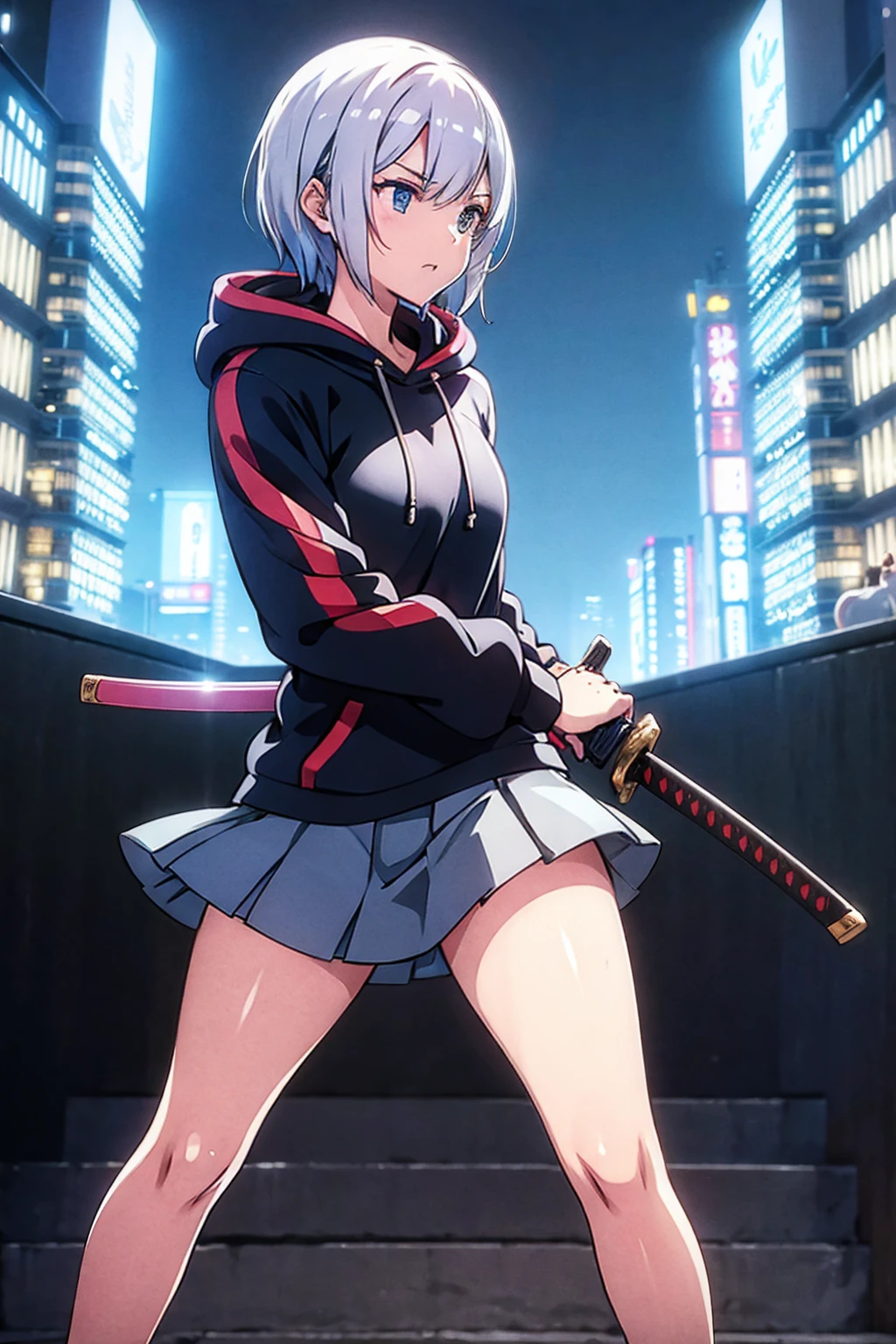 (masterpiece), (best quality), (ultra detailed), (high res 8K), 1 girl, late teenage, standing, contrappost, full body, low angle, hoody, mini-skirt,((one katana)), short hair, silver hair, serious, looking away, cityscape in Tokyo, night, rim lighting, high contrast, professional lighting, stunning face, symmetrical clear eyes, detailed eyes and face,(near future),(Swordsmanship)