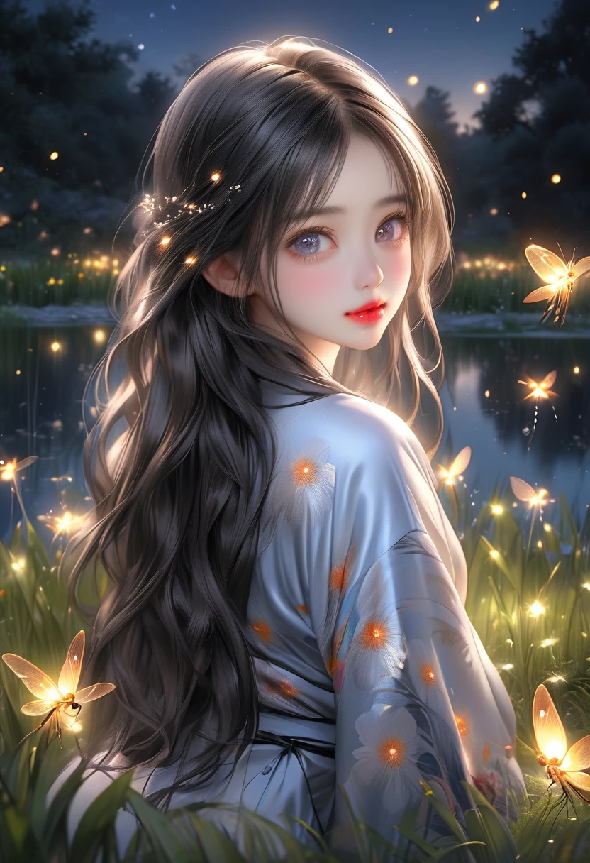 masterpiece:1.2, highres, highest quality, beautiful detailed, ultra-realistic, photorealistic:1.37, cute girl in the meadow lake, meadow lake scenery with fireflies flying around, fireflies:1.3, kimono, flowing jet black long straight hair, squatted down(wariza), beautiful delicate(hair, eyes, pupils, lips, firefly), standing back view, 