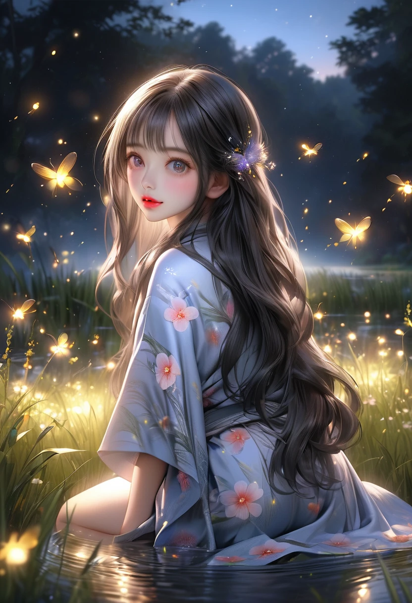 masterpiece:1.2, highres, highest quality, beautiful detailed, ultra-realistic, photorealistic:1.37, cute girl in the meadow lake, meadow lake scenery with fireflies flying around, fireflies:1.3, kimono, flowing jet black long straight hair, squatted down(wariza), beautiful delicate(hair, eyes, pupils, lips, firefly), standing back view, 