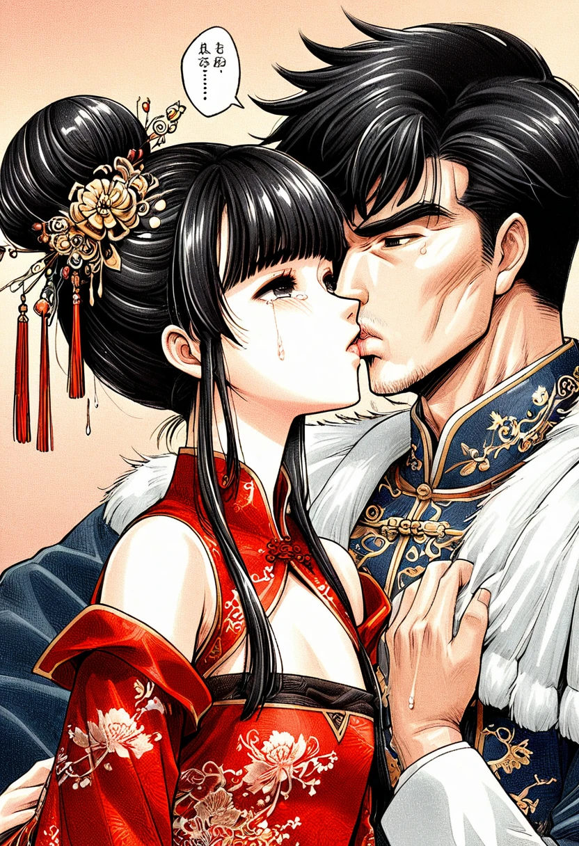 Period drama manga style A 15-year-old super beautiful Chinese girl with black hair in a bun cut(1 person) She is wearing a royal long-sleeved Chinese dress She is hugged by the perverted old emperor and forced to deep kiss him, causing him to cry. She exposes her nipples and gets fucked by The Body Builder
