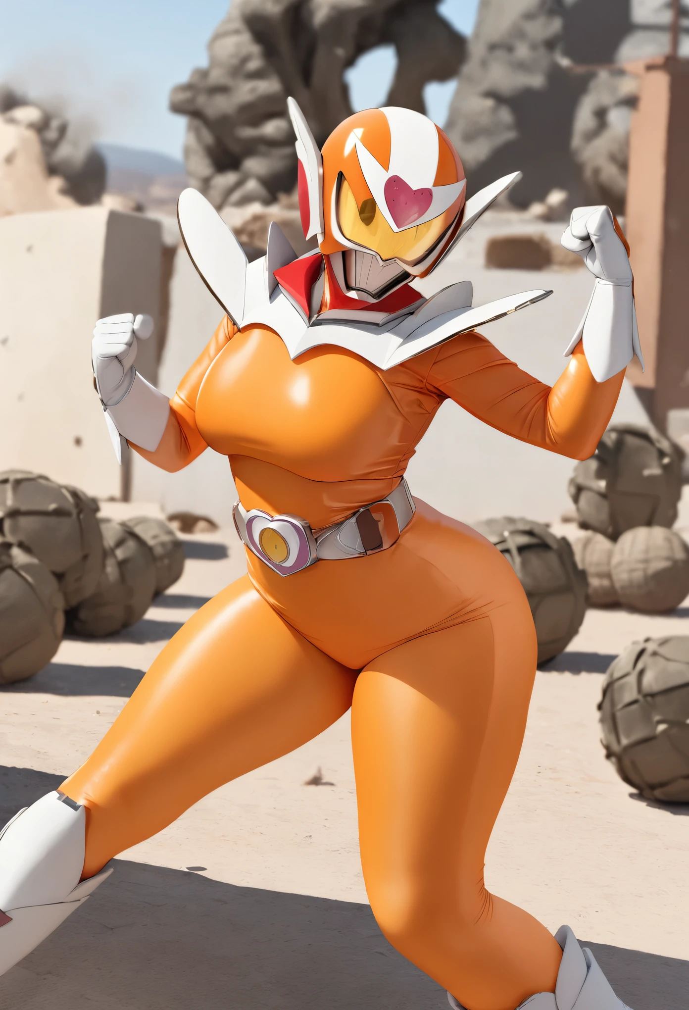 masterpiece, best quality, very aesthetic, absurdres, high quality, 1girl, original, ibagirl, tokusatsu, orange helmet, orange bodysuit, belt, gloves, white boots, shoulder armor, skirt, standing, mine(background), punching, 