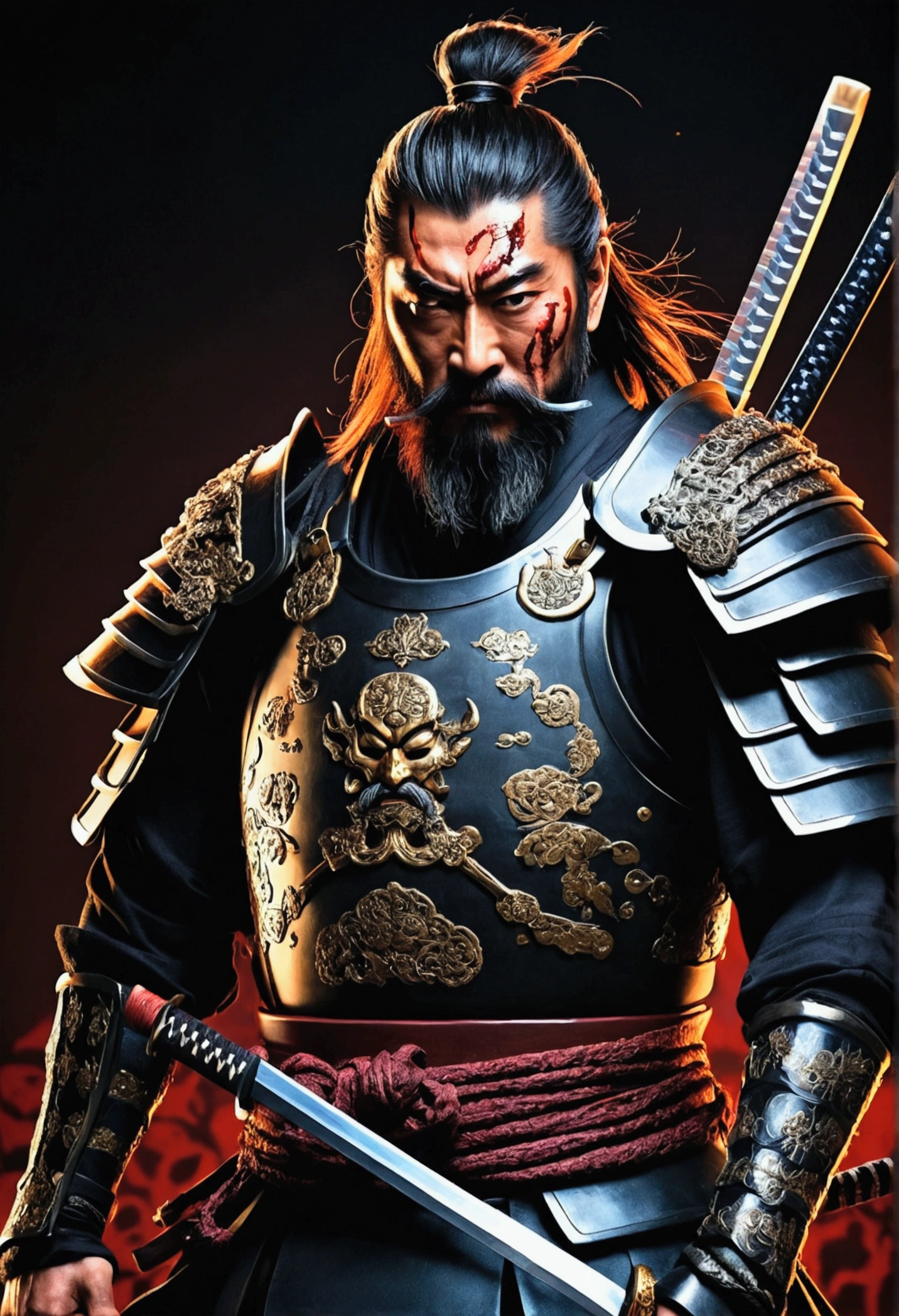 "Bloodthirsty Samurai, Decorated with ornamental swords, Wearing dark armor and a rugged beard, Exudes an aura of darkness and mystery, Anime Style"