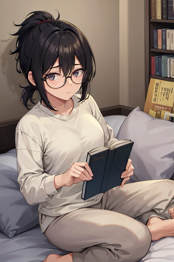 mature woman, hair over one eye, golden eyes, Tomboy, sitting on the ground, white shirt, black sweatpants, looking at viewer, bed, black short hair with a ponytail, books lying around, bedroom background, round glasses, bags under eyes, tired, reading a book