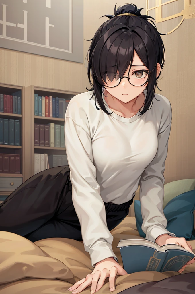 mature woman, hair over one eye, golden eyes, Tomboy, sitting on the ground, white shirt, black sweatpants, looking at viewer, bed, black short hair with a ponytail, books lying around, bedroom background, round glasses, bags under eyes, tired, reading a book