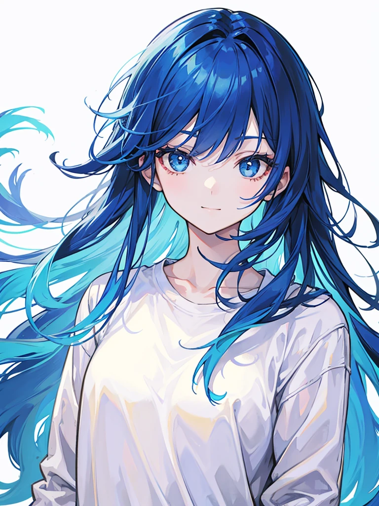 blue hair, long hair, portrait, casual look, girl, Honest and cool, transparent background, small smile, jumper